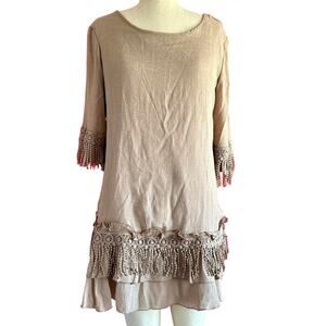Womens Dress Size Medium Light Mocha Embellished Flowy Modest Boho Neutral